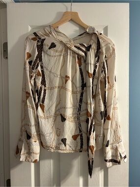 Nine West Cream Chain & Tassel Tie-Neck Blouse